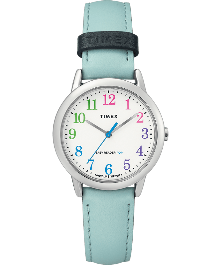 Easy Reader® Color Pop 30mm Leather Strap Watch Silver-Tone/Blue/White large