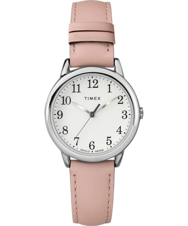 Easy Reader® 30mm Leather Strap Watch Silver-Tone/Pink/White large